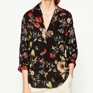 Zara V Neck 3/4 Sleeve Floral Print Blouse Multicolor Lightweight #61